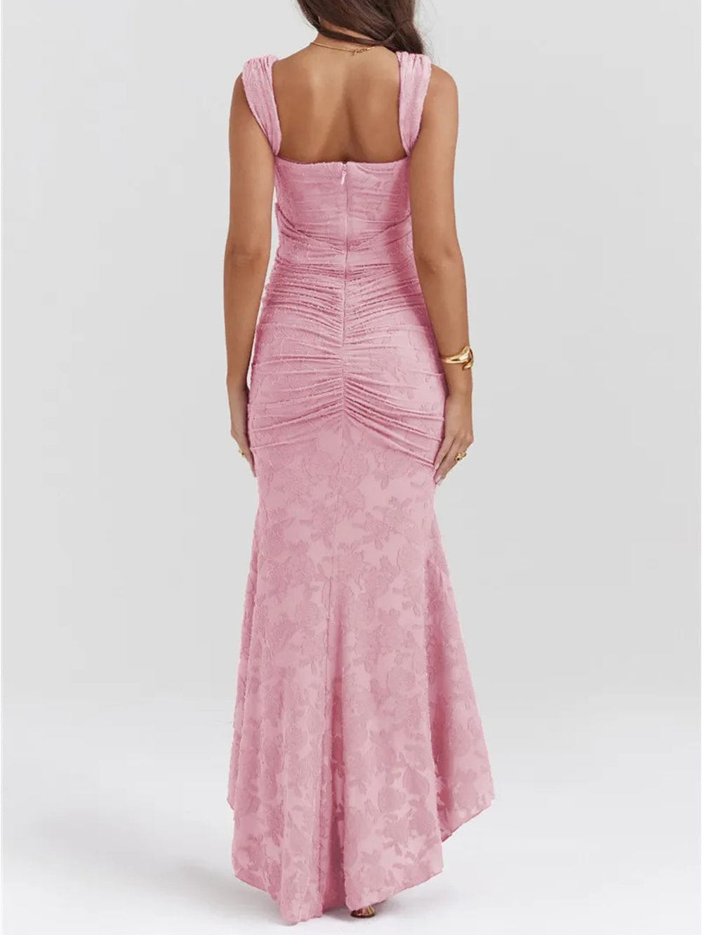 Jacquard Corset Bodice Ruched Mermaid High Low Maxi Gown 2