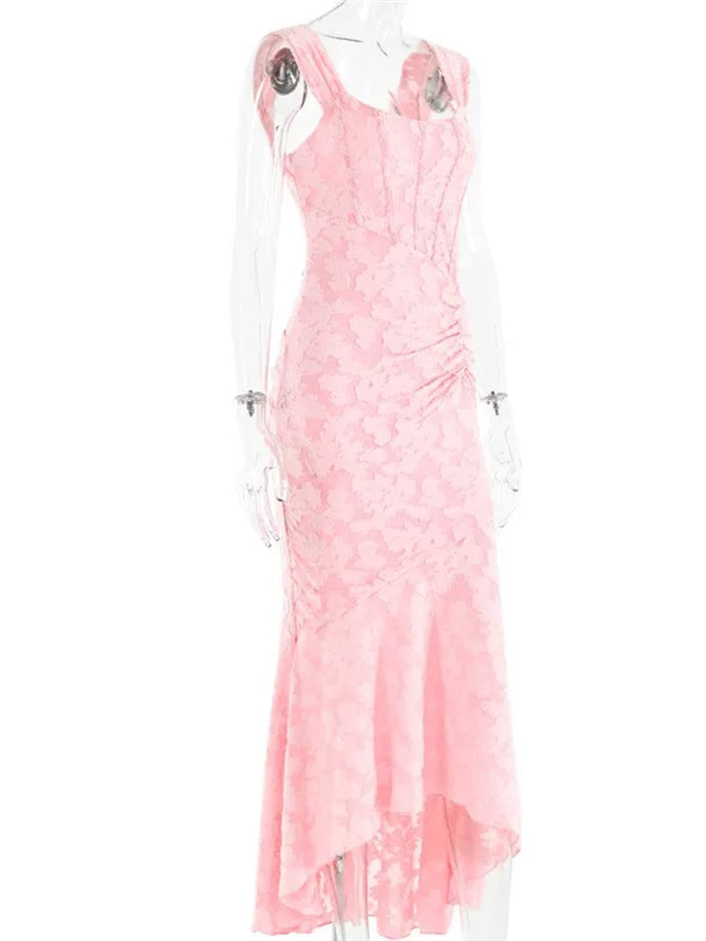 Jacquard Corset Bodice Ruched Mermaid High Low Maxi Gown 7