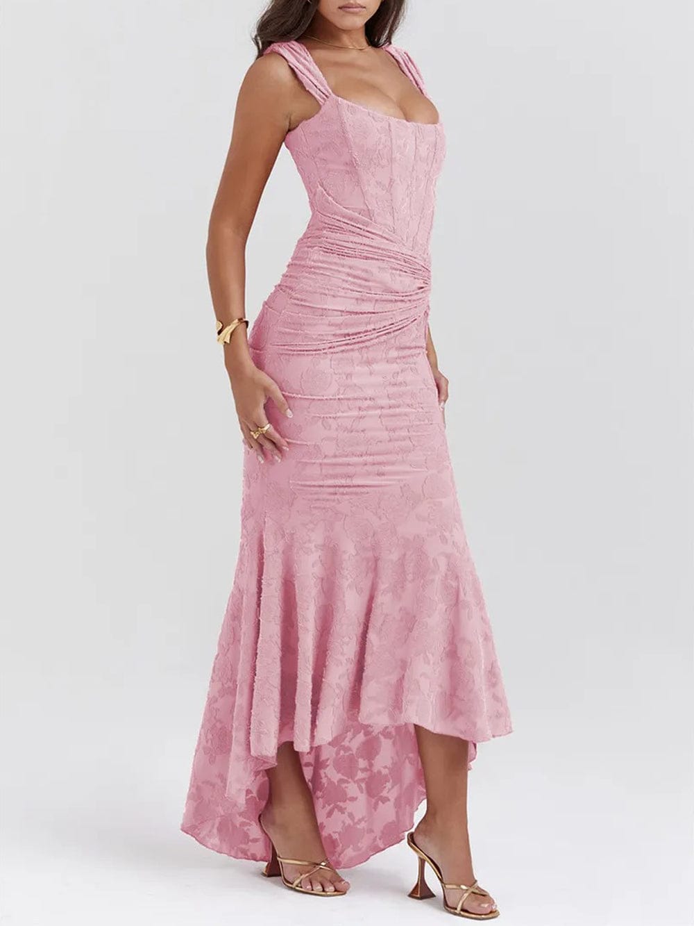 Jacquard Corset Bodice Ruched Mermaid High Low Maxi Gown 3
