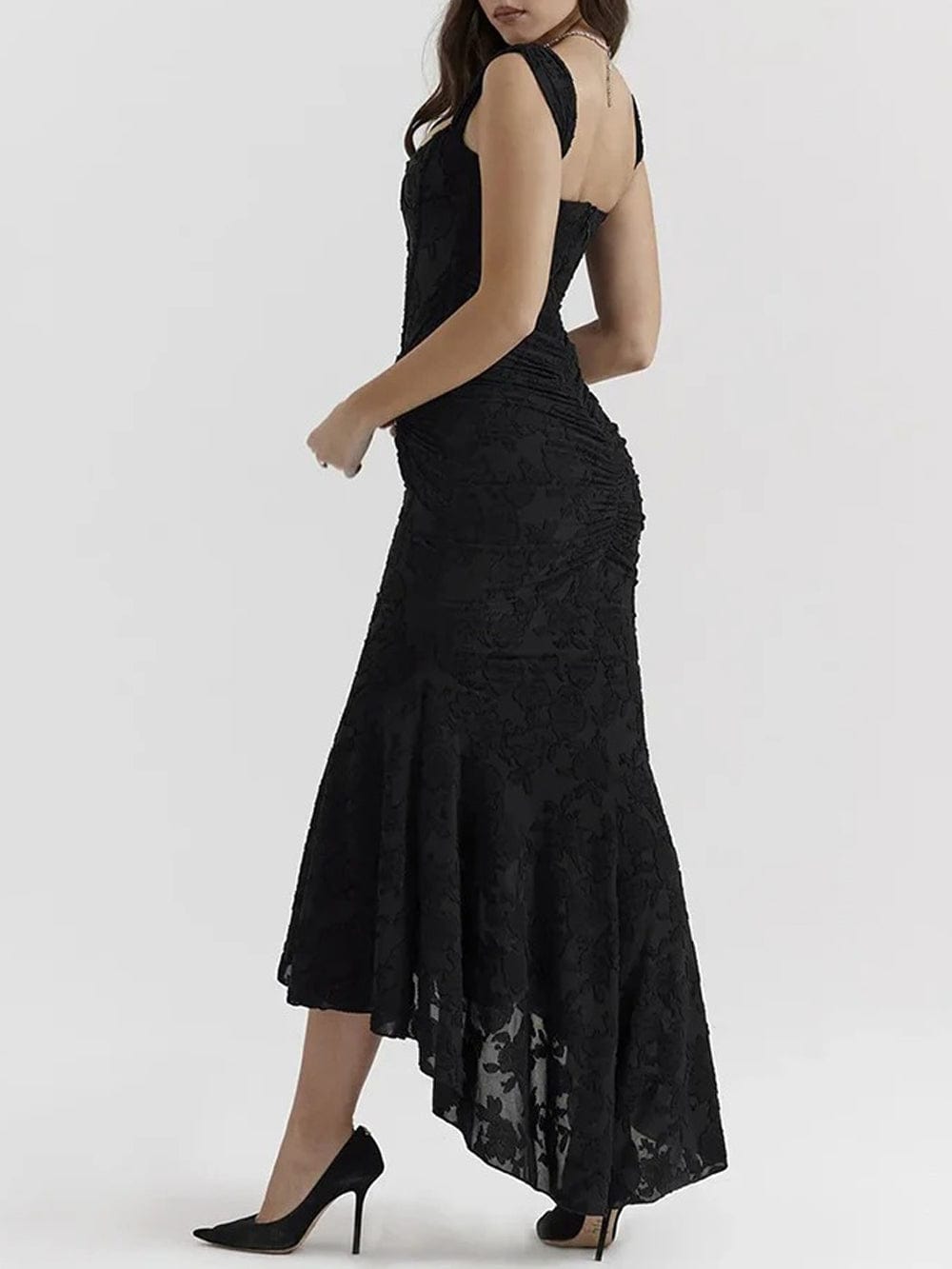 Jacquard Corset Bodice Ruched Mermaid High Low Maxi Gown 14