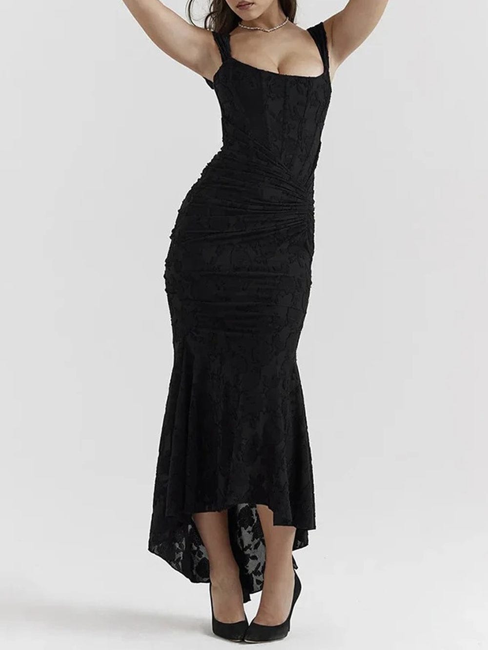 Jacquard Corset Bodice Ruched Mermaid High Low Maxi Gown 16