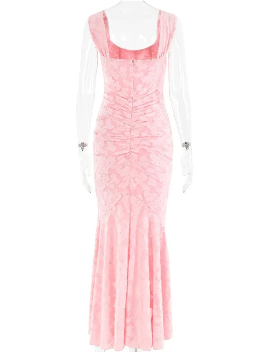 Jacquard Corset Bodice Ruched Mermaid High Low Maxi Gown 6