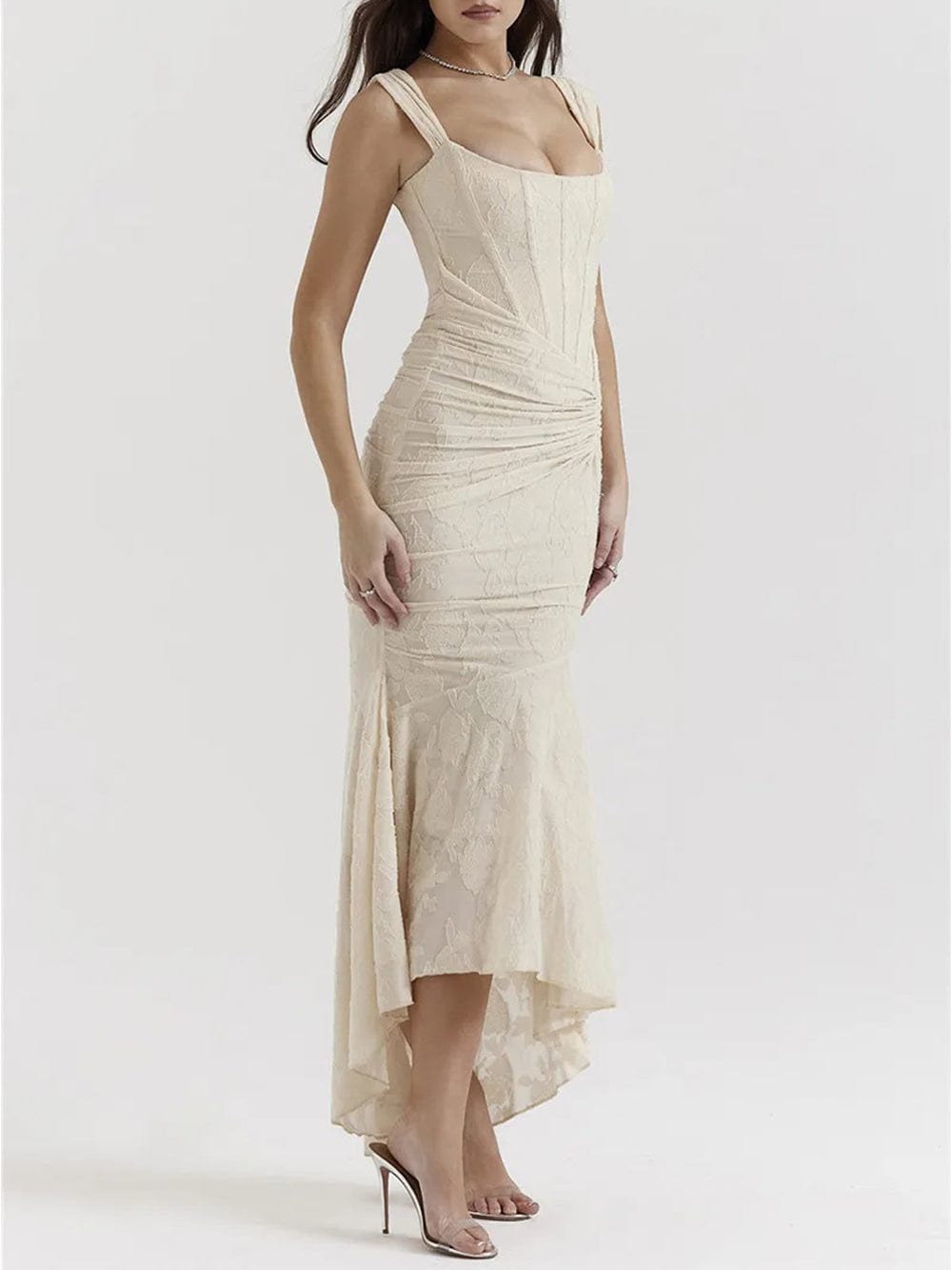 Jacquard Corset Bodice Ruched Mermaid High Low Maxi Gown 20