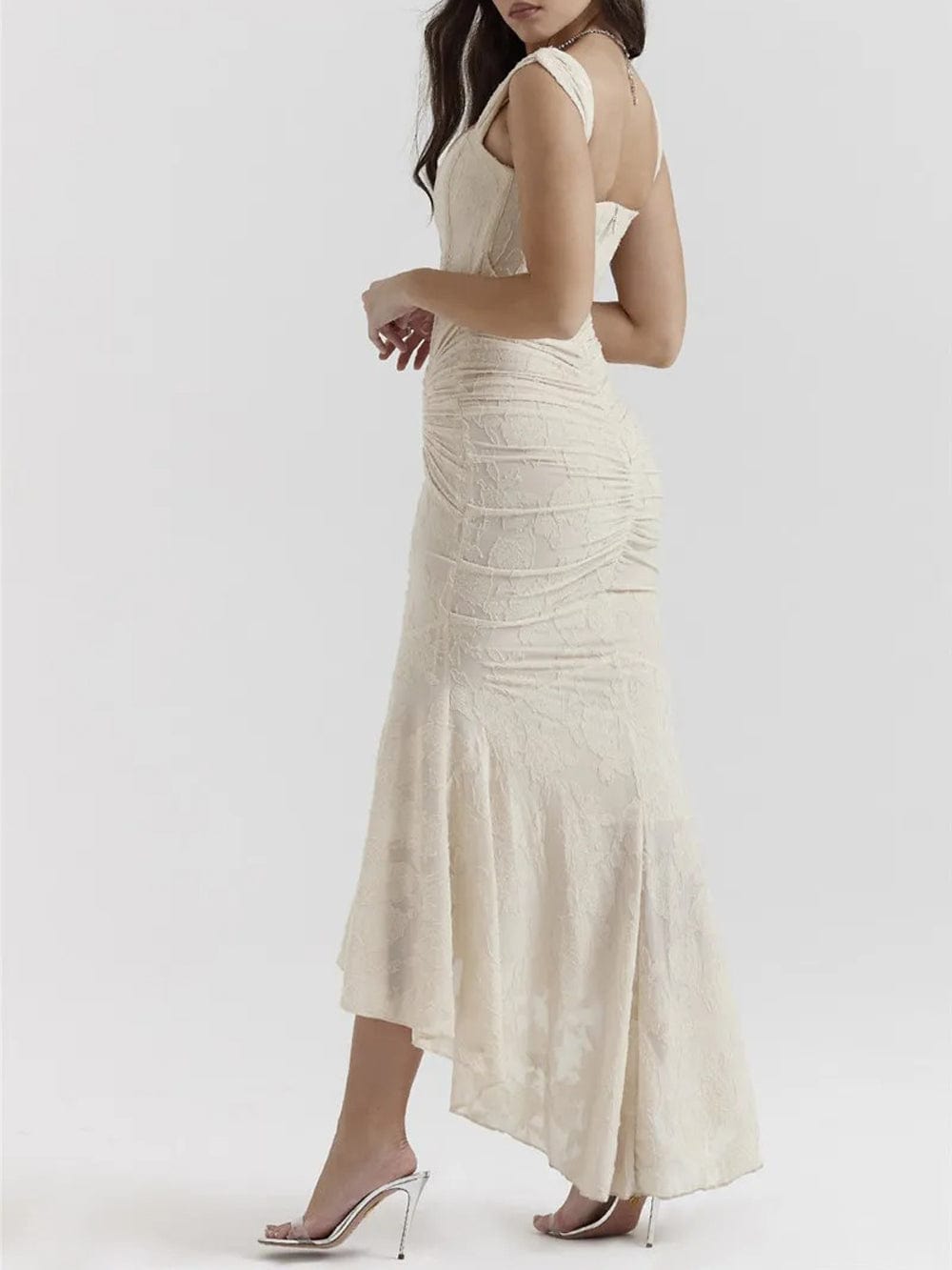 Jacquard Corset Bodice Ruched Mermaid High Low Maxi Gown 18