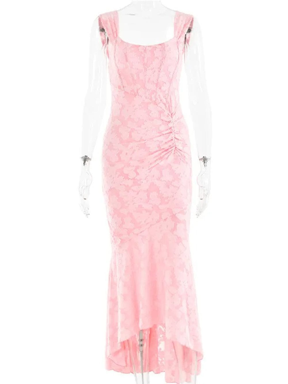 Jacquard Corset Bodice Ruched Mermaid High Low Maxi Gown 5