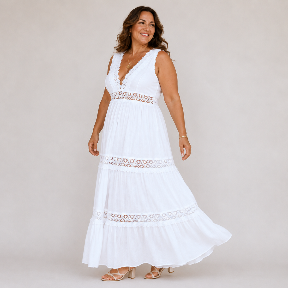 V-Neck Lace Trim Crochet Inset Sleeveless Tiered Boho Maxi Dress