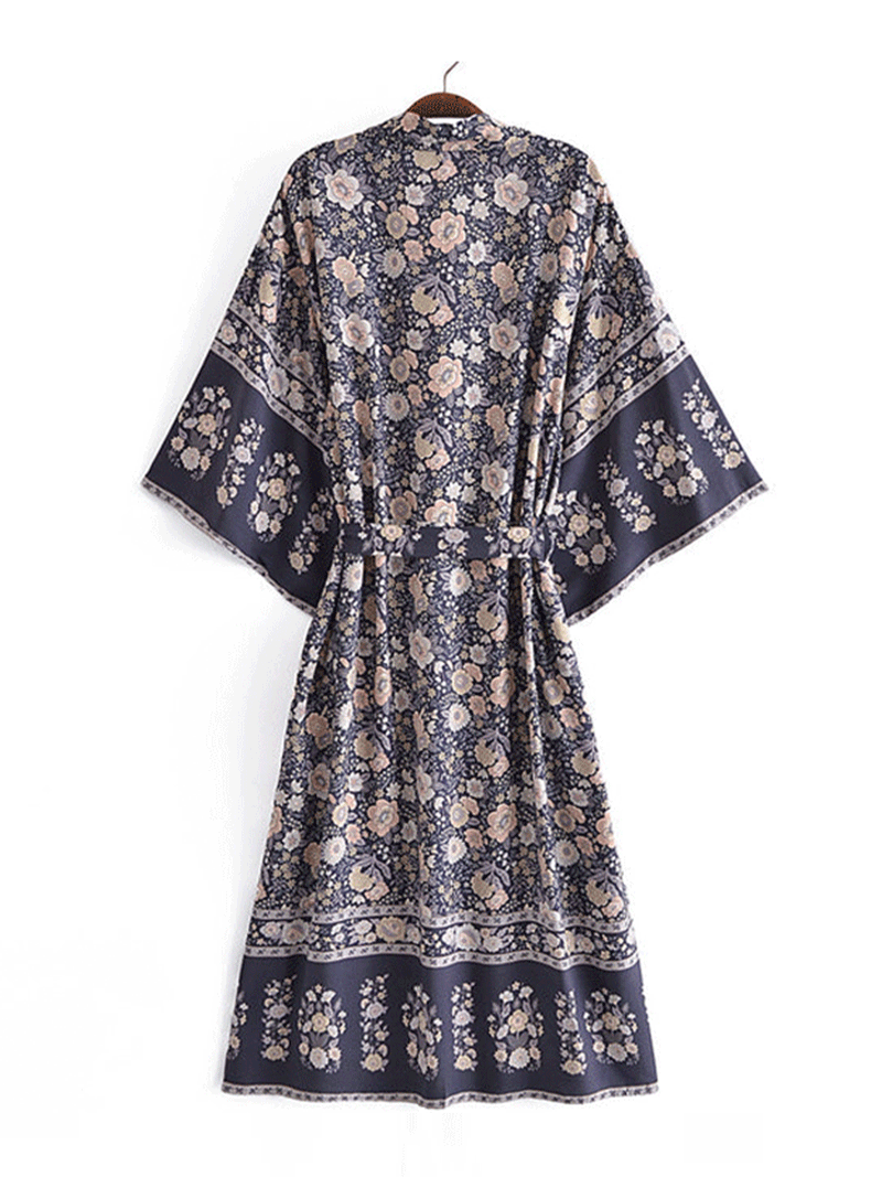 Black Bohemian Floral Medallion Border Belted Flared Sleeve Long Kimono Robe