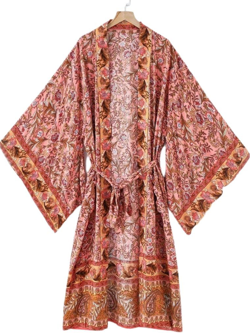 Pink Floral Paisley Print Belted Long Length Kimono Robe