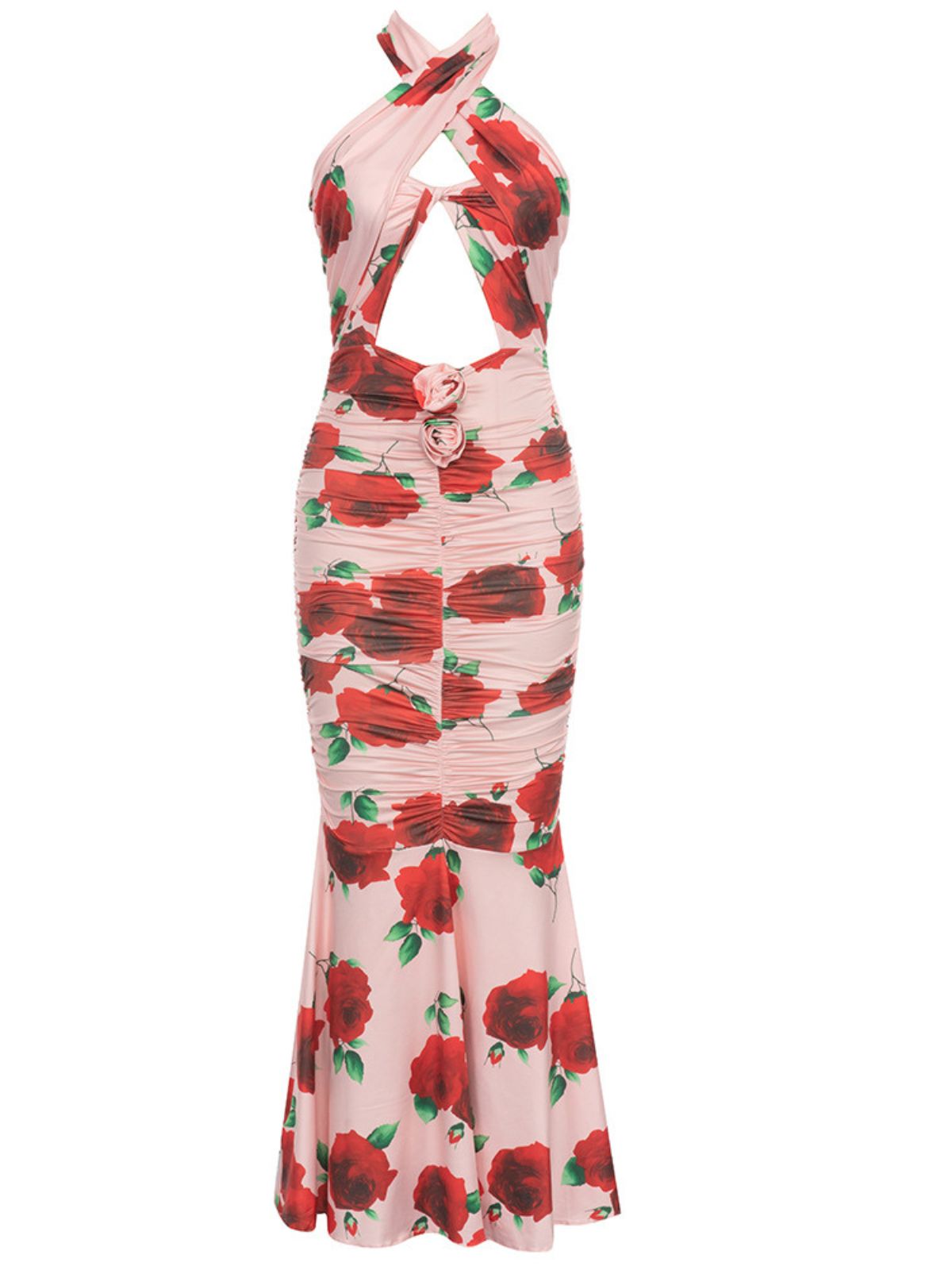 Halter Rose Floral Crossover Cutout Ruched Mermaid Maxi Dress