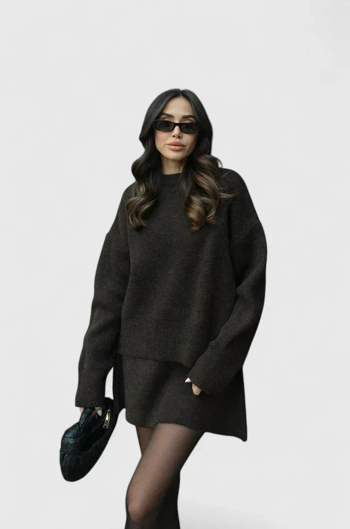 Round Neck Long Sleeve Oversized Knit Sweater Skirt Set