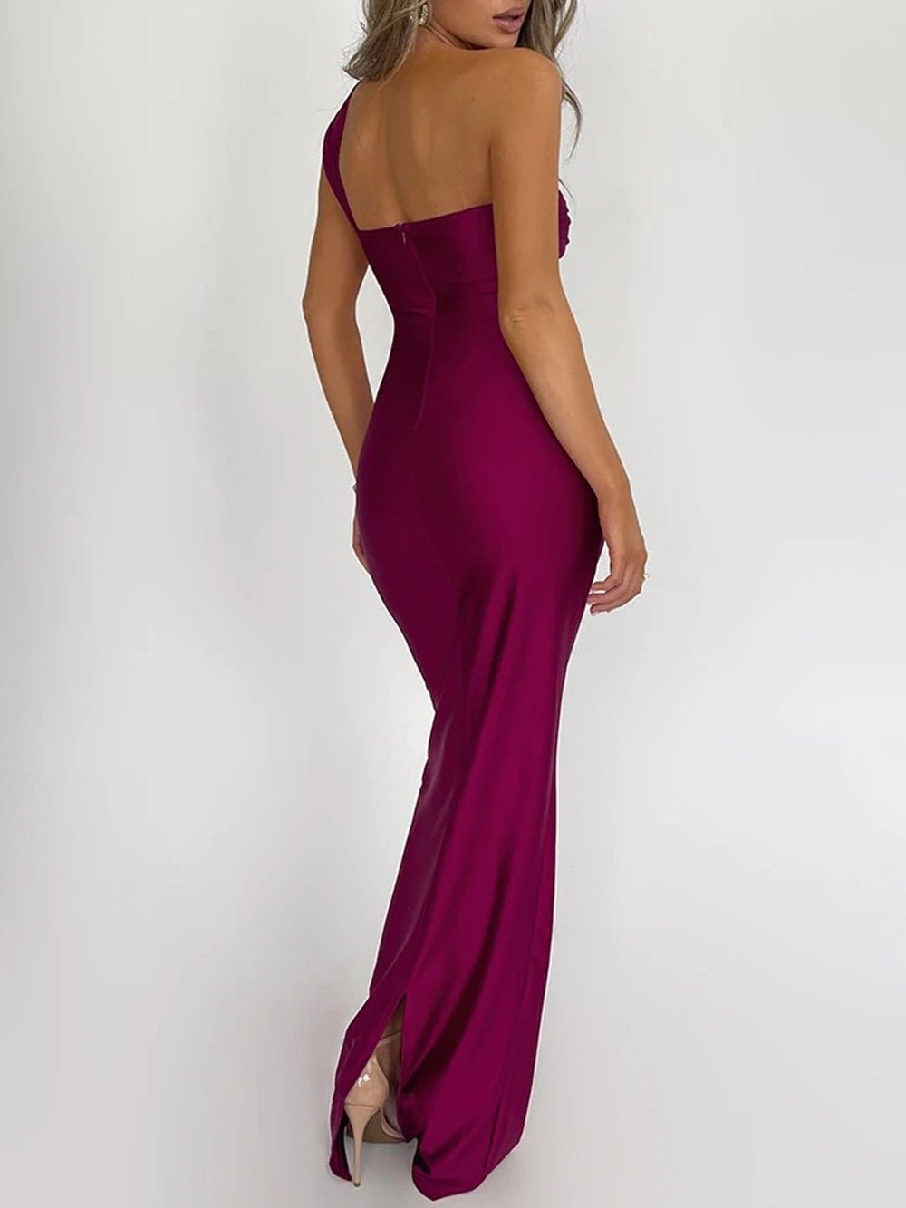 Asymmetric One Shoulder Twist Knot Ruched Drape Bodycon Maxi Dress 6