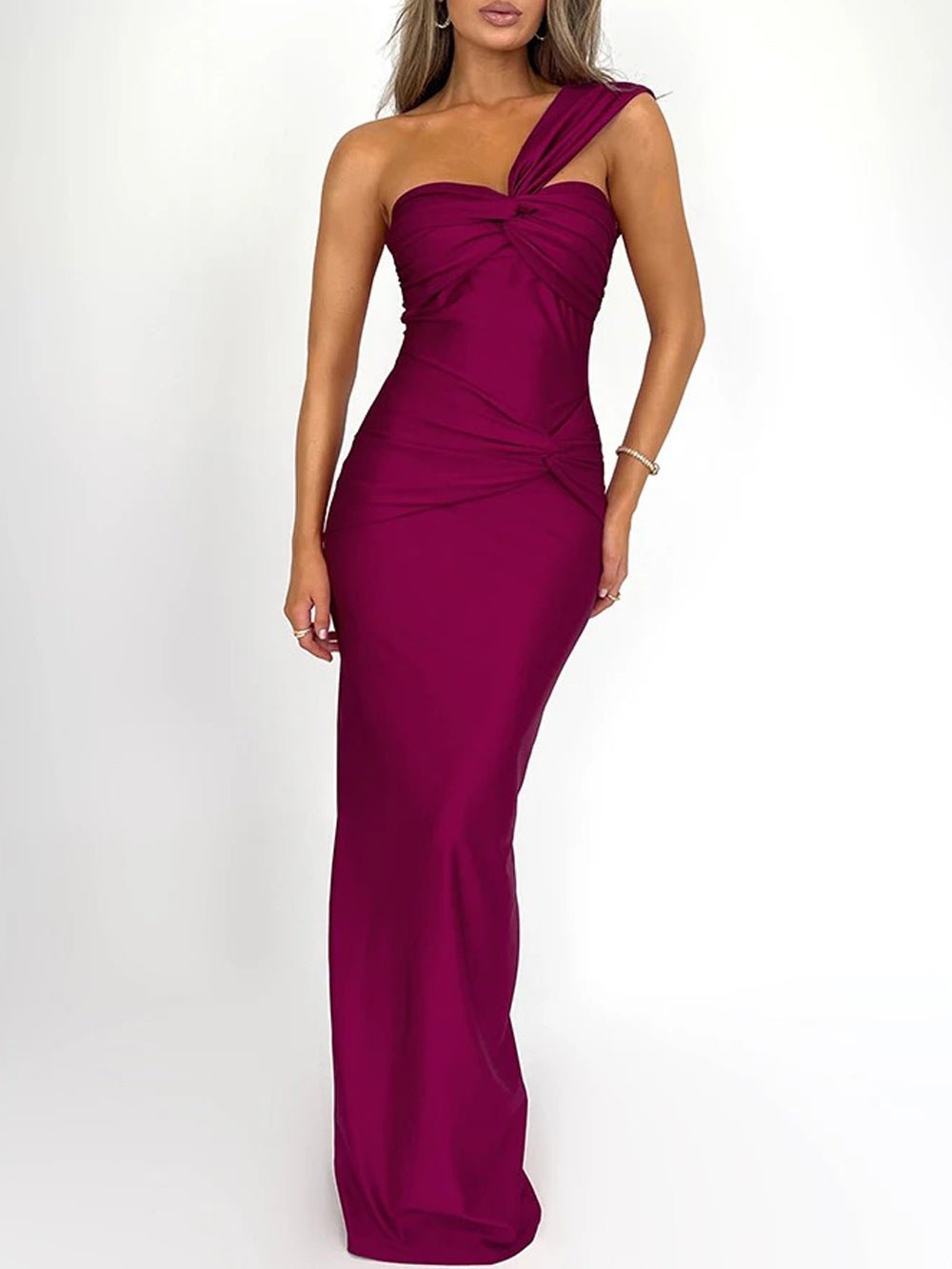 Asymmetric One Shoulder Twist Knot Ruched Drape Bodycon Maxi Dress 5