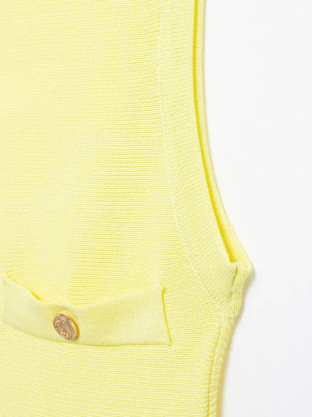Yellow Knit Crew Neck Four Pocket Button Pleated Drop Waist Mini Dress 3