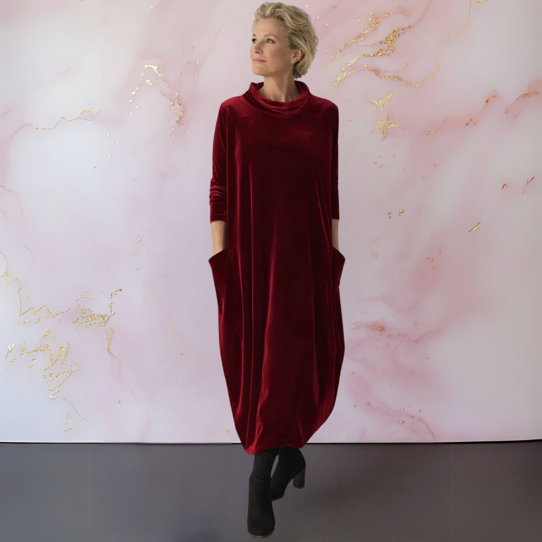 Turtleneck Long Sleeve Velvet Cocoon Pocket Midi Dress 8