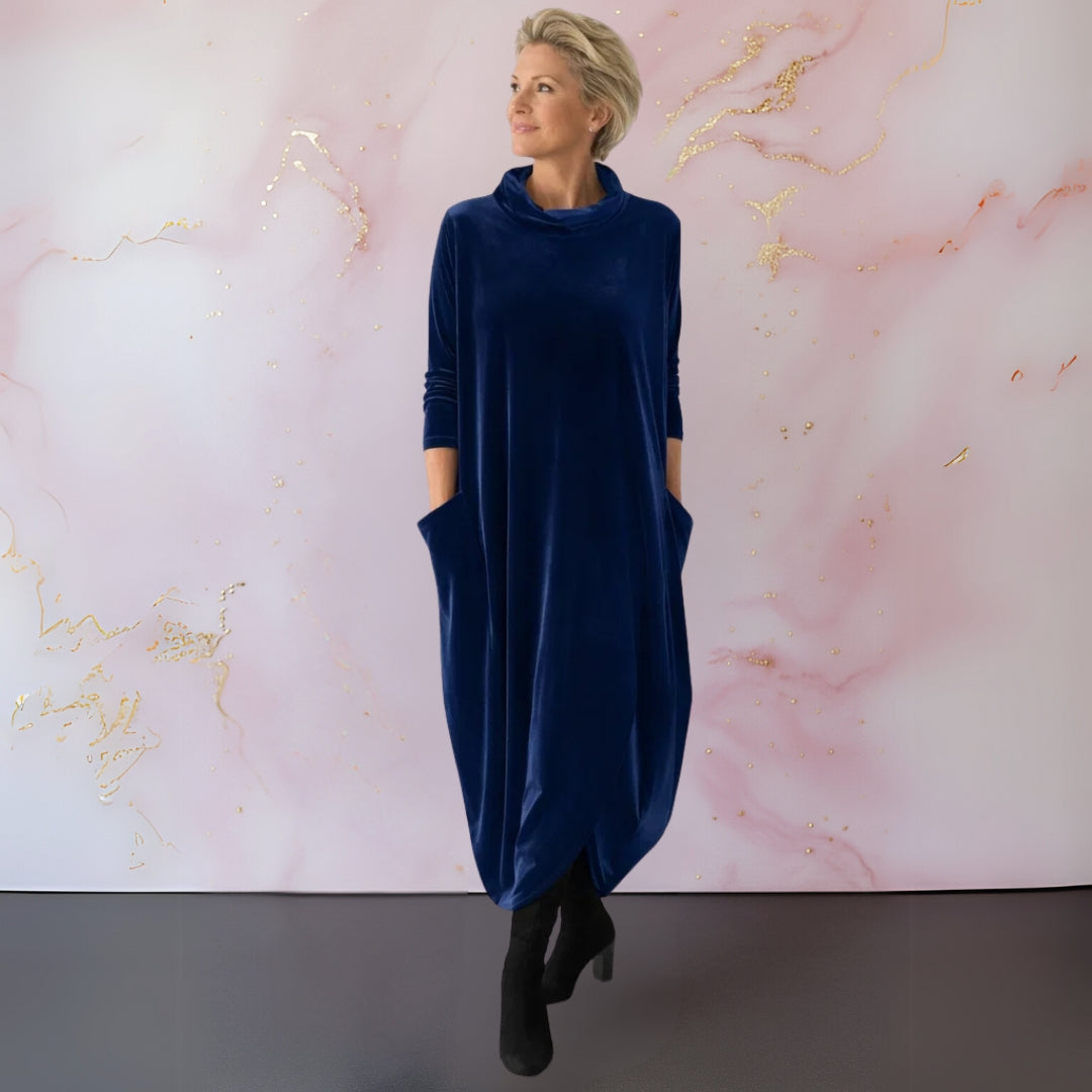 Turtleneck Long Sleeve Velvet Cocoon Pocket Midi Dress 9