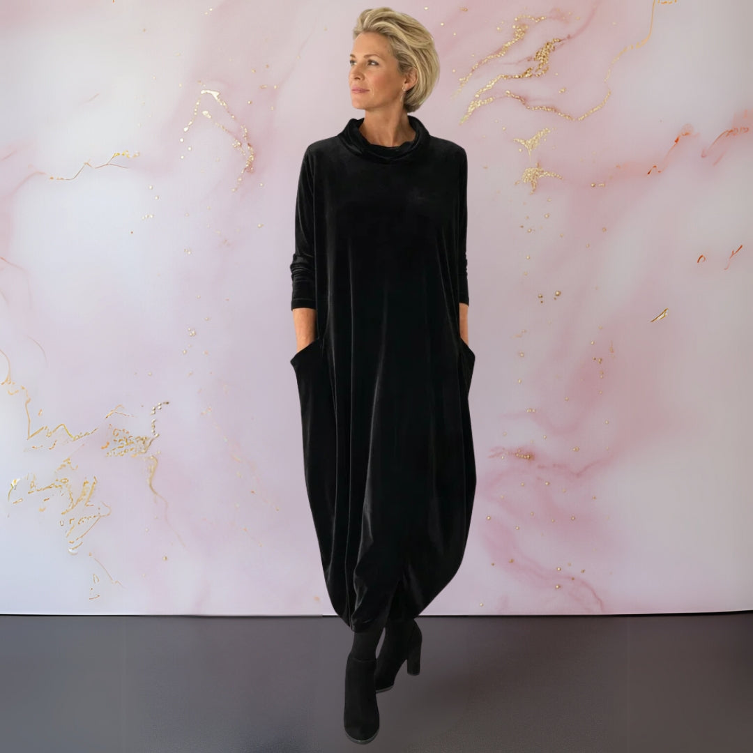 Turtleneck Long Sleeve Velvet Cocoon Pocket Midi Dress 10