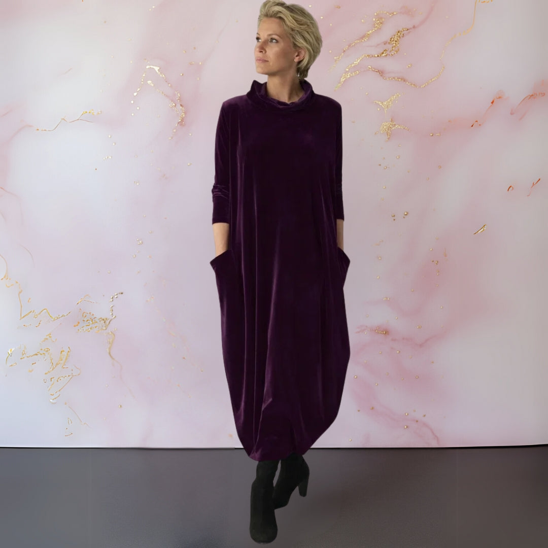 Turtleneck Long Sleeve Velvet Cocoon Pocket Midi Dress 11