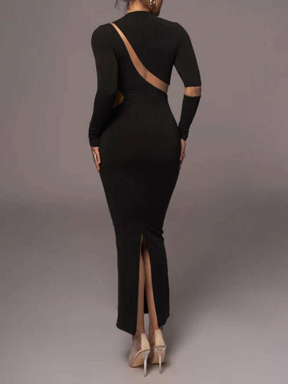 Mock Neck Long Sleeve Mesh Panel Cut Out Bodycon Maxi Dress 2