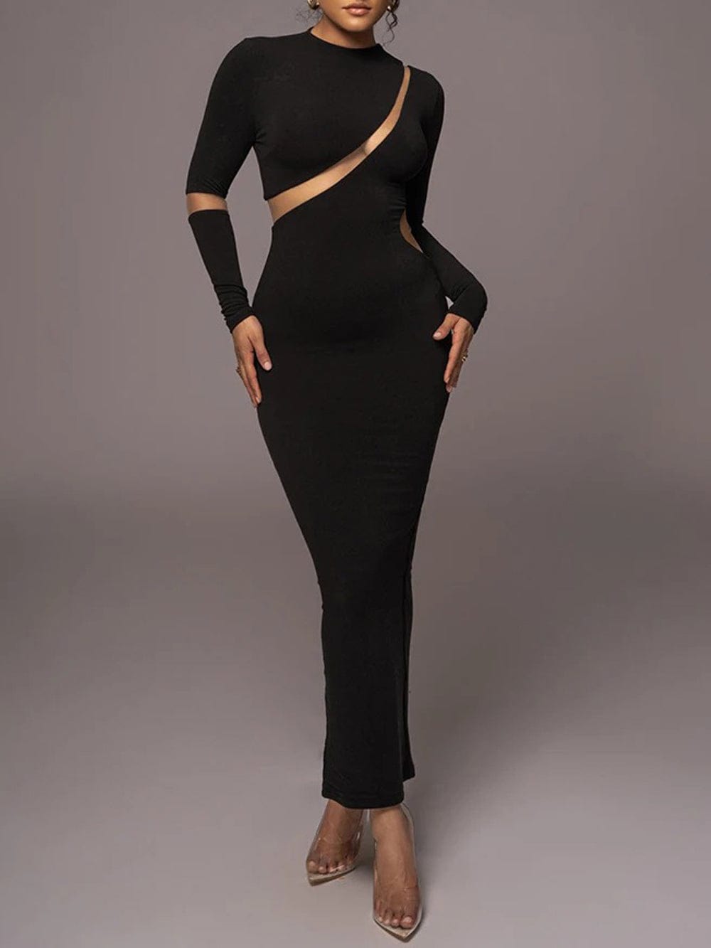 Mock Neck Long Sleeve Mesh Panel Cut Out Bodycon Maxi Dress 4