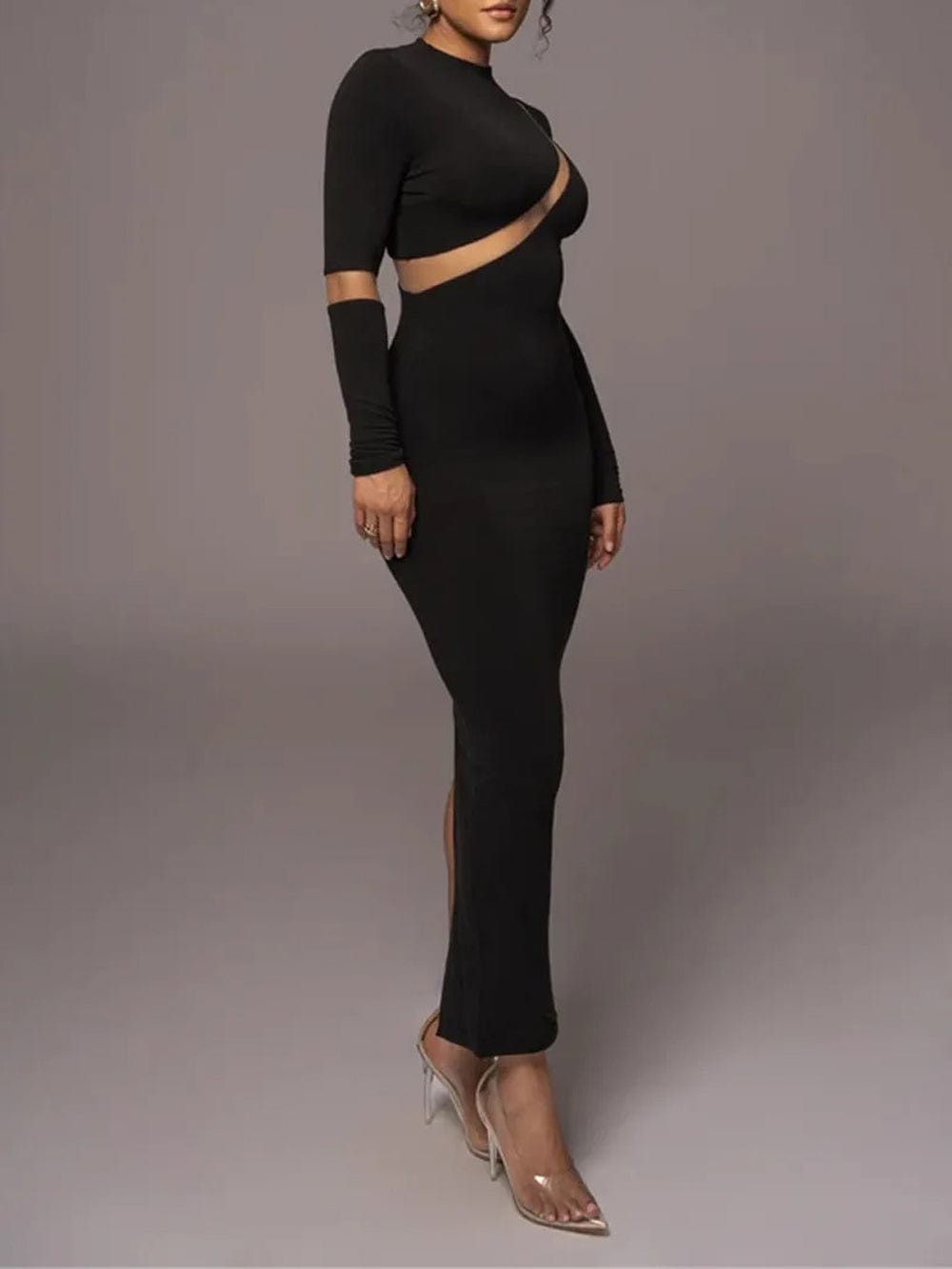 Mock Neck Long Sleeve Mesh Panel Cut Out Bodycon Maxi Dress 3