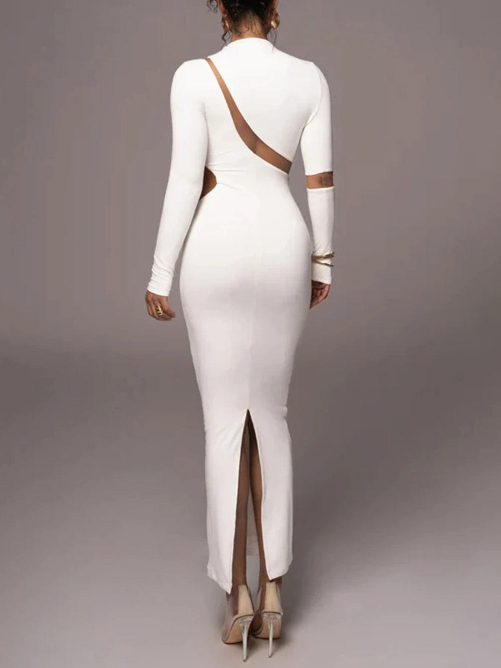 Mock Neck Long Sleeve Mesh Panel Cut Out Bodycon Maxi Dress 12