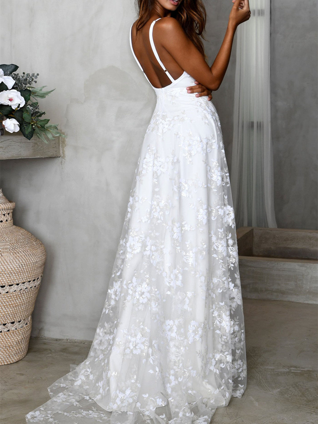 V-neck Lace Open Long Dress