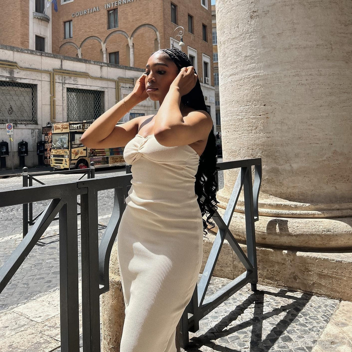 Beige Strapless Twist Knot Front Ribbed Knit Bodycon Maxi Dress 7