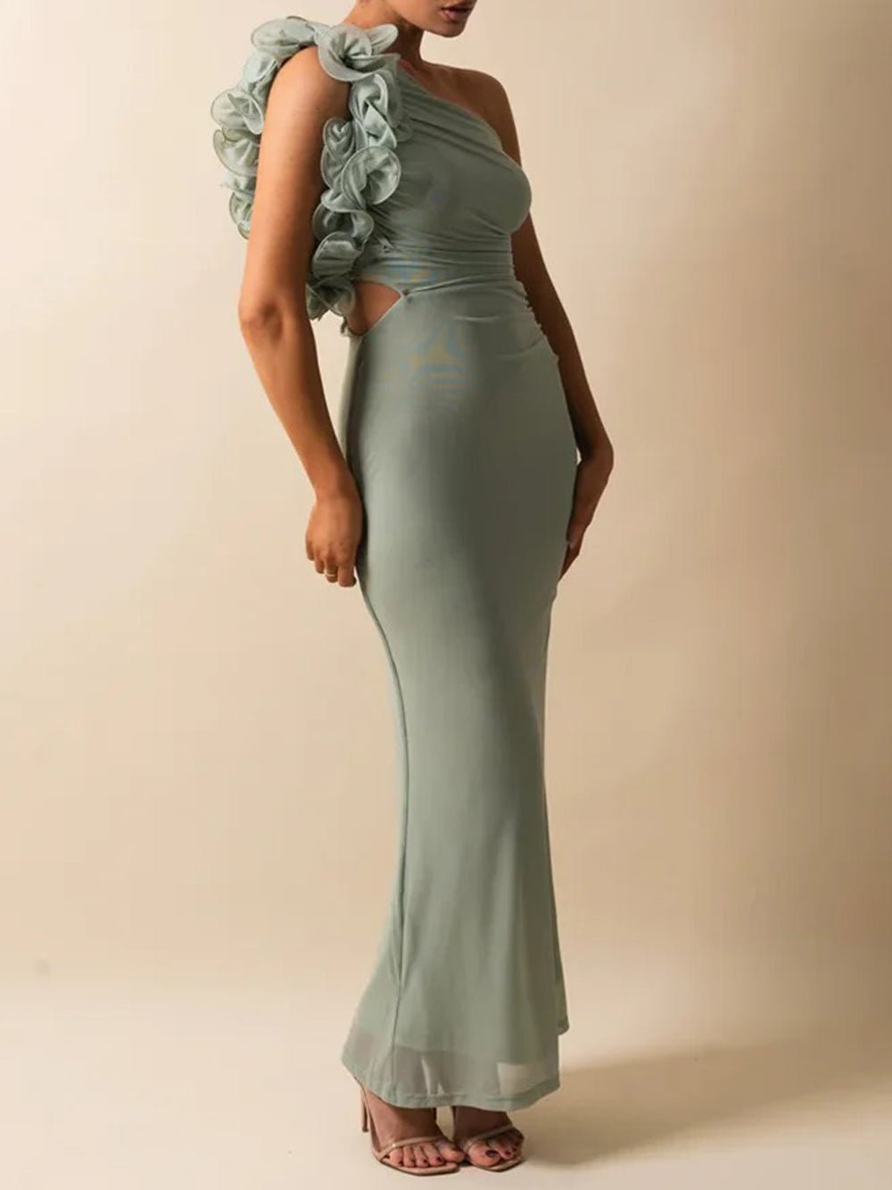 One Shoulder Organza Ruffle Shoulder Detail Waist Cut Out Mesh Hem Maxi Dress 7