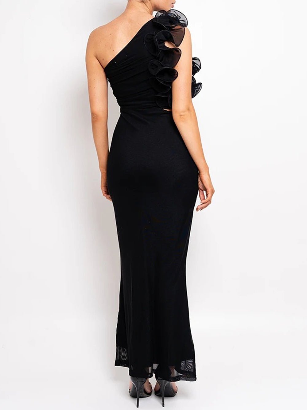 One Shoulder Organza Ruffle Shoulder Detail Waist Cut Out Mesh Hem Maxi Dress 2