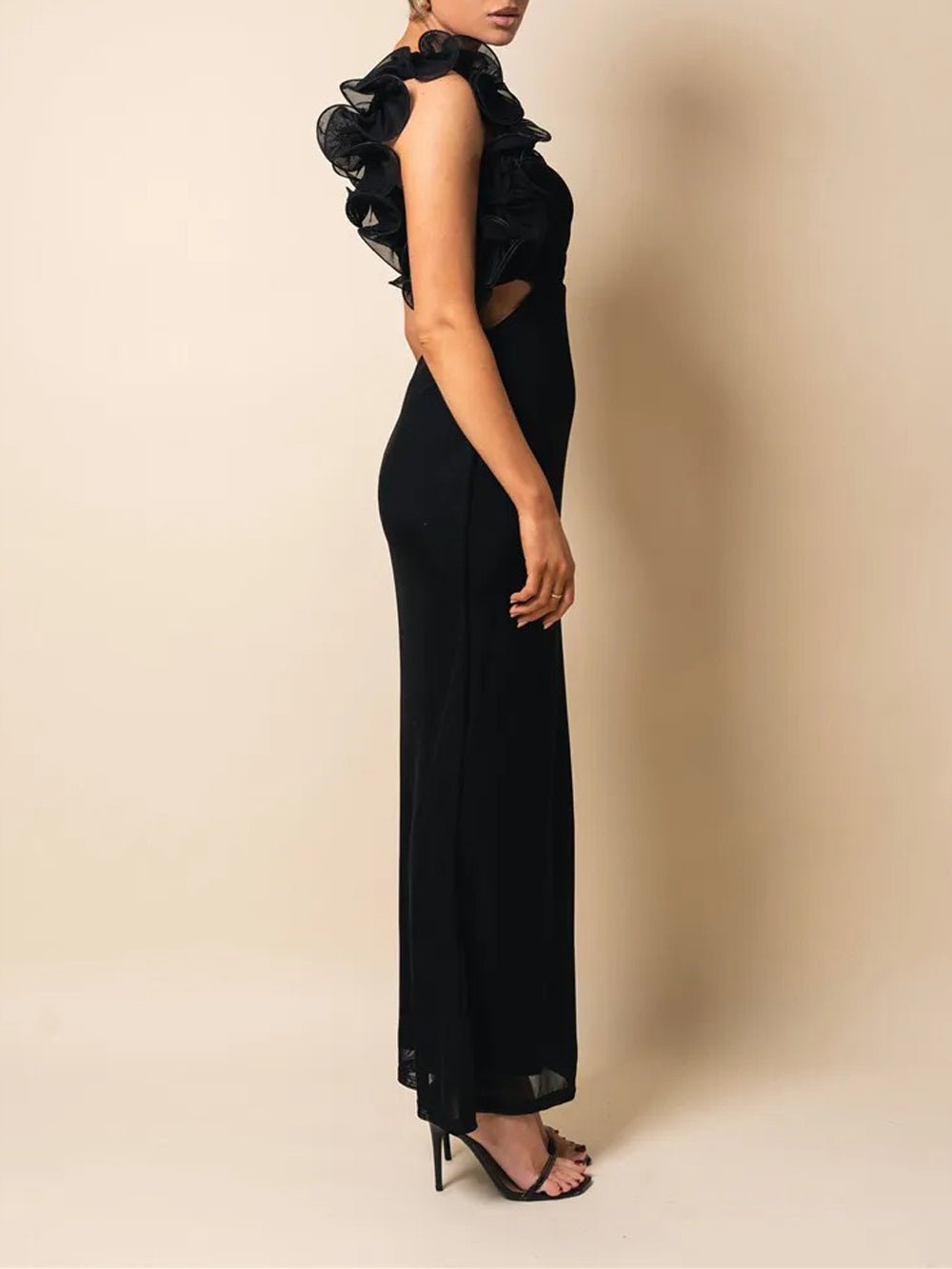 One Shoulder Organza Ruffle Shoulder Detail Waist Cut Out Mesh Hem Maxi Dress 3