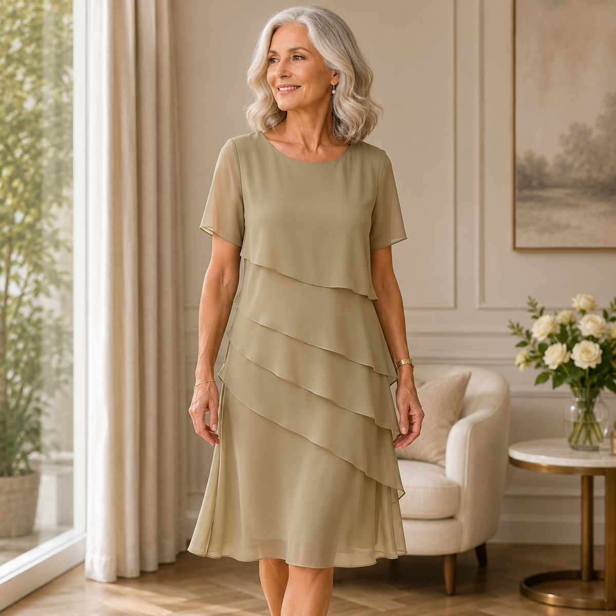 Round Neck Short Sleeve Tiered Layered Chiffon Midi Dress 6