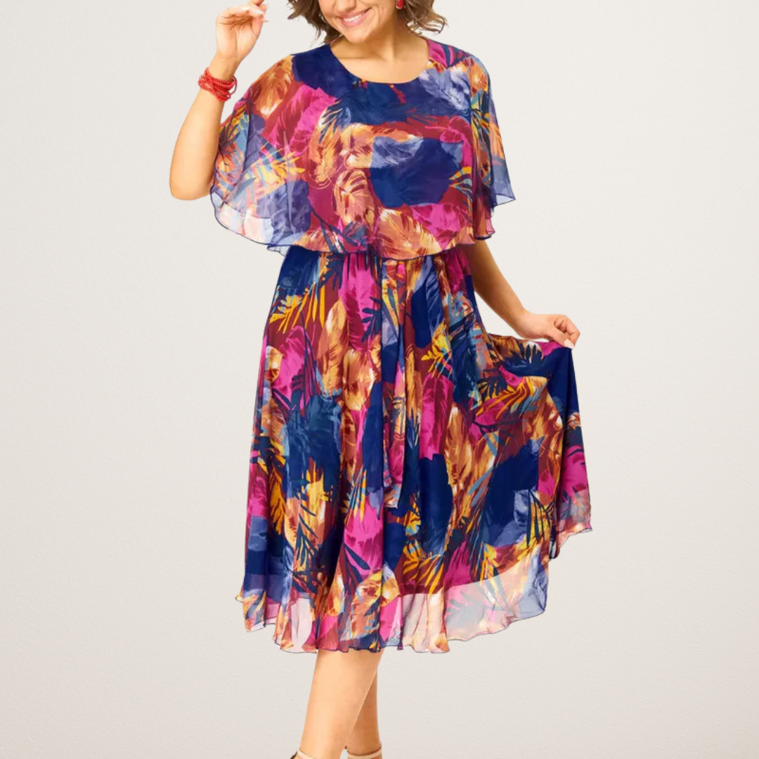 Round Neck Tropical Print Chiffon Cape Overlay A-Line Midi Dress