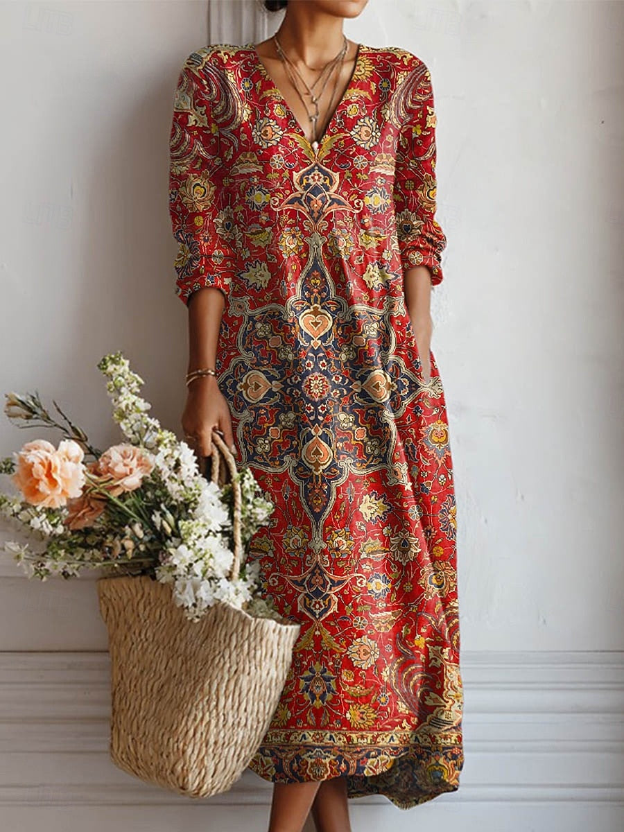 Red V-Neck Bohemian Ethnic Print Long Sleeve Shift Maxi Dress