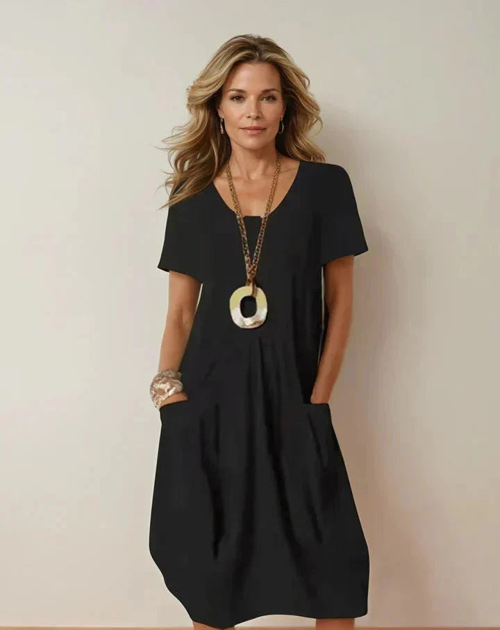 V-Neck Short Sleeve Pocket Relaxed Cocoon Midi Dress