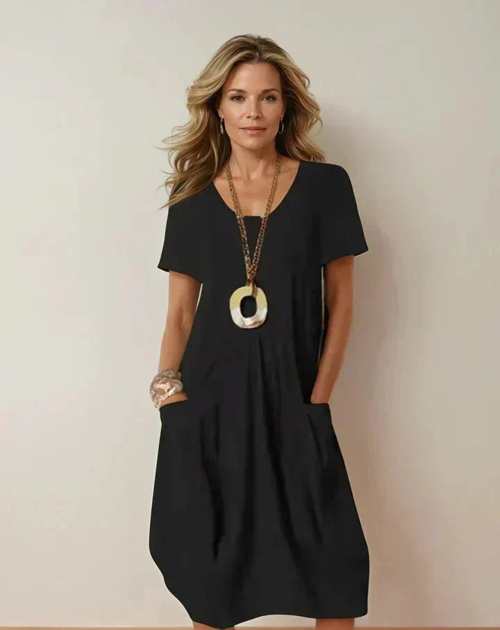 V-Neck Short Sleeve Pocket Cocoon Shift Midi Dress 6