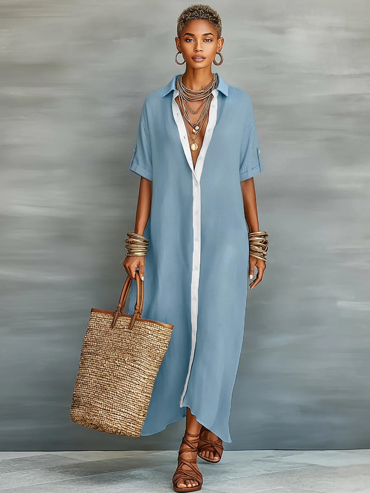 Collared Linen Button Front Rolled Sleeve Shirt Maxi Dress