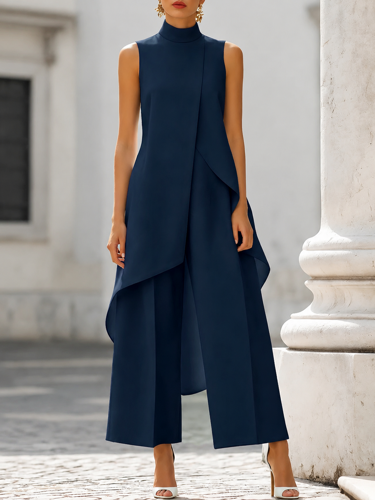 High Neck Sleeveless Draped Overlay Wide-Leg Pant Set 2