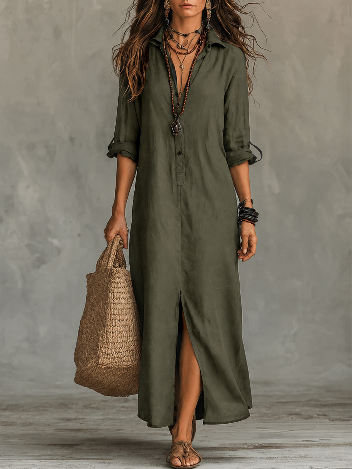 Button Front Collared Long Sleeve Side Slit Shirt Maxi Dress 4