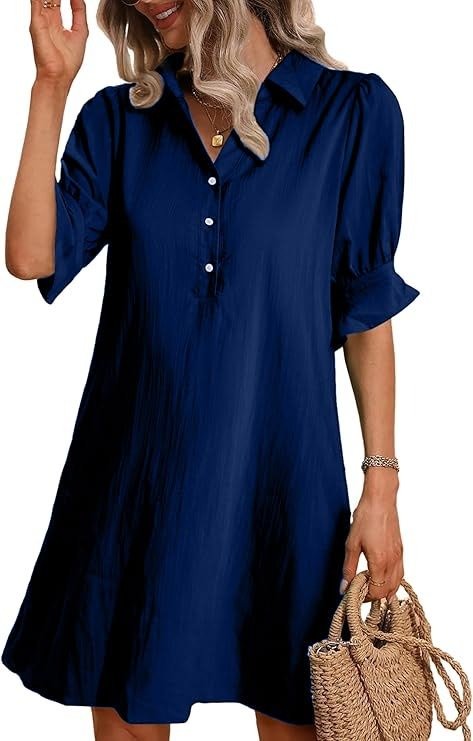 Collared Half Button Roll Sleeve Pocket Shift Mini Dress 3