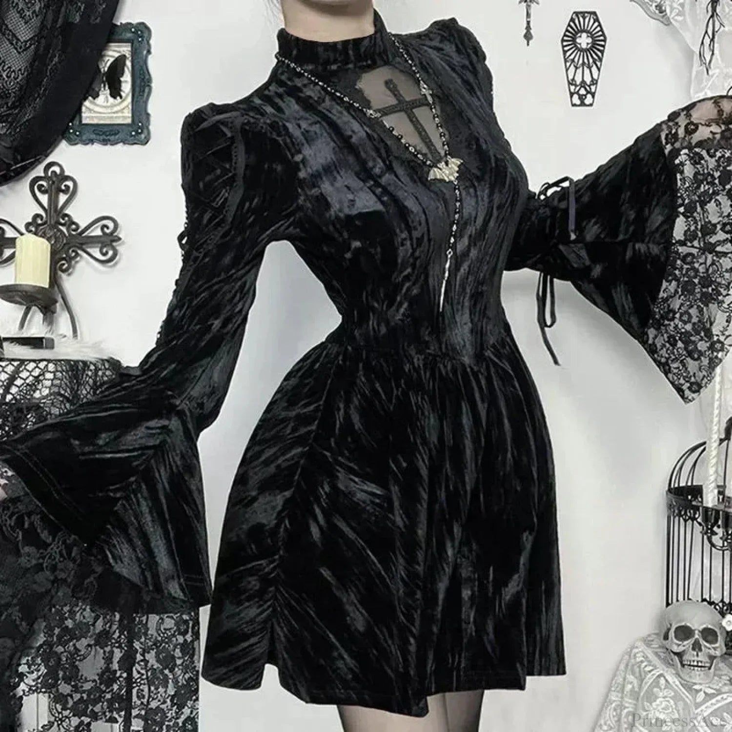Lace Patchwork Flare Mini Dress Black / S