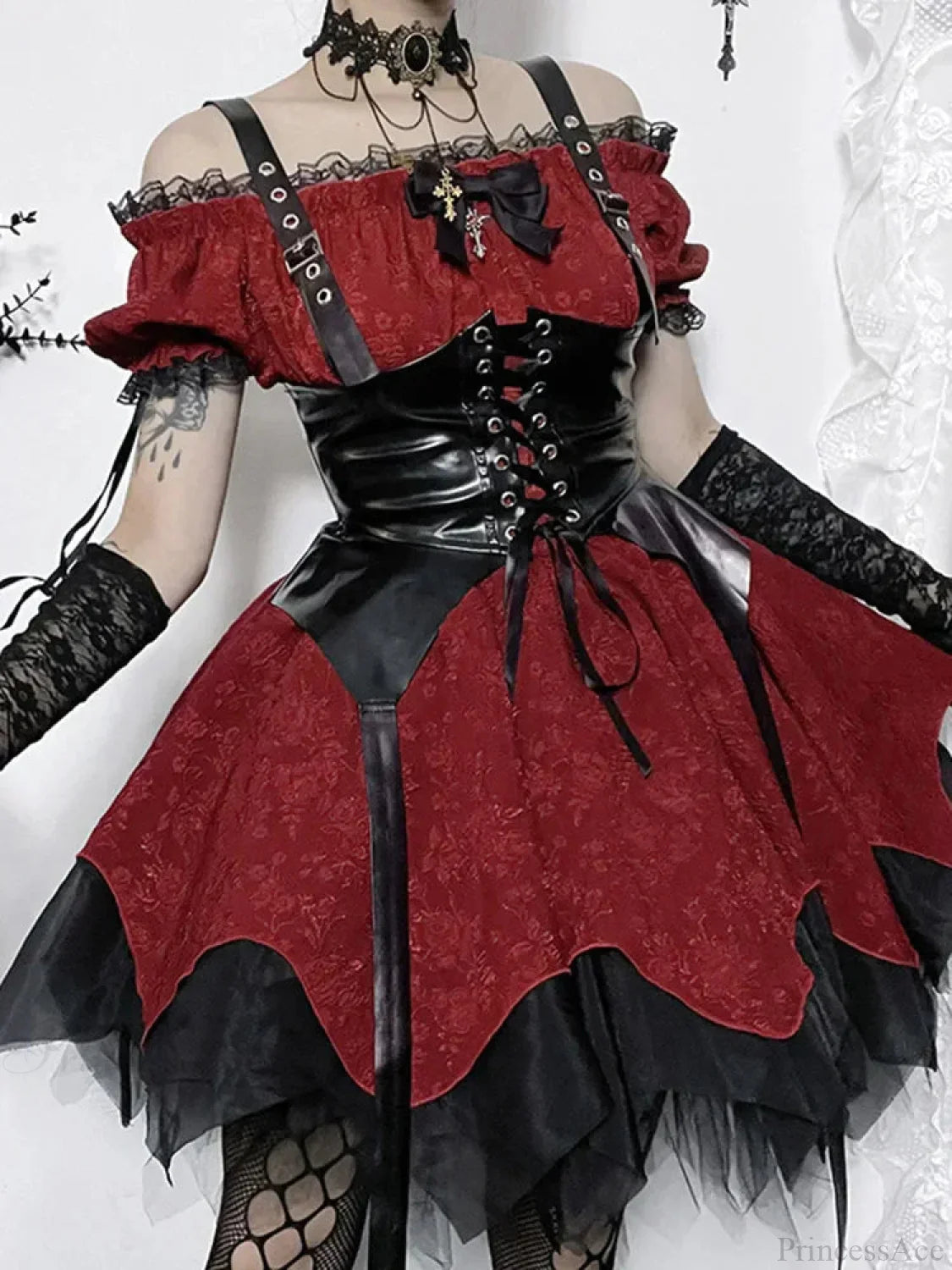 Lace Patchwork Puff Mini Dress red / S