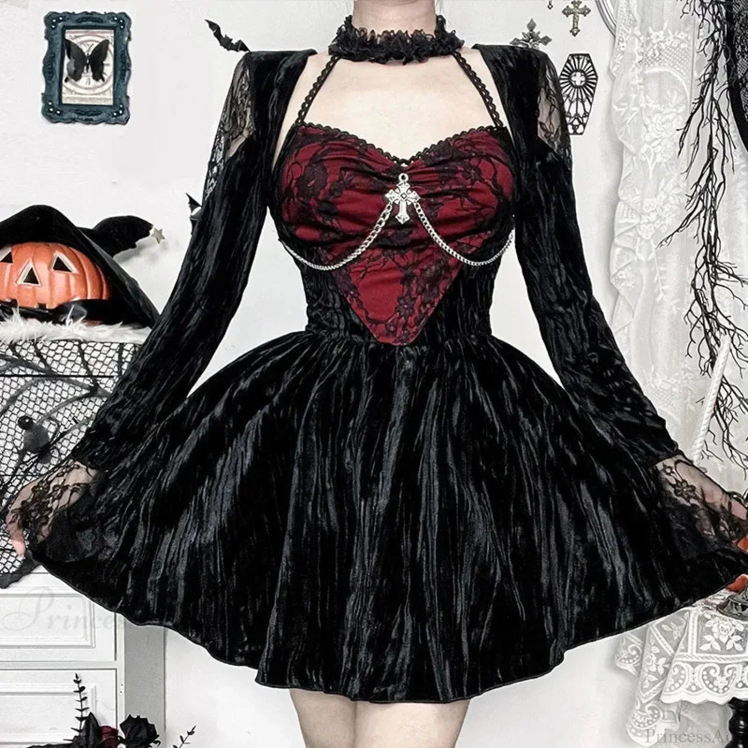Lace Patchwork Square Mini Dress Black / S