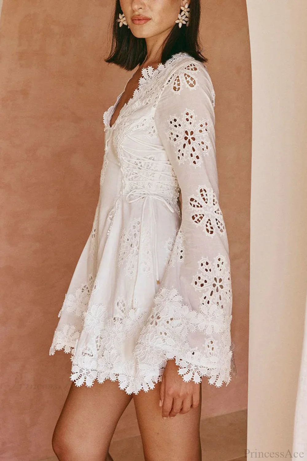 Lace Trim V-Neck Tie Mini Dress