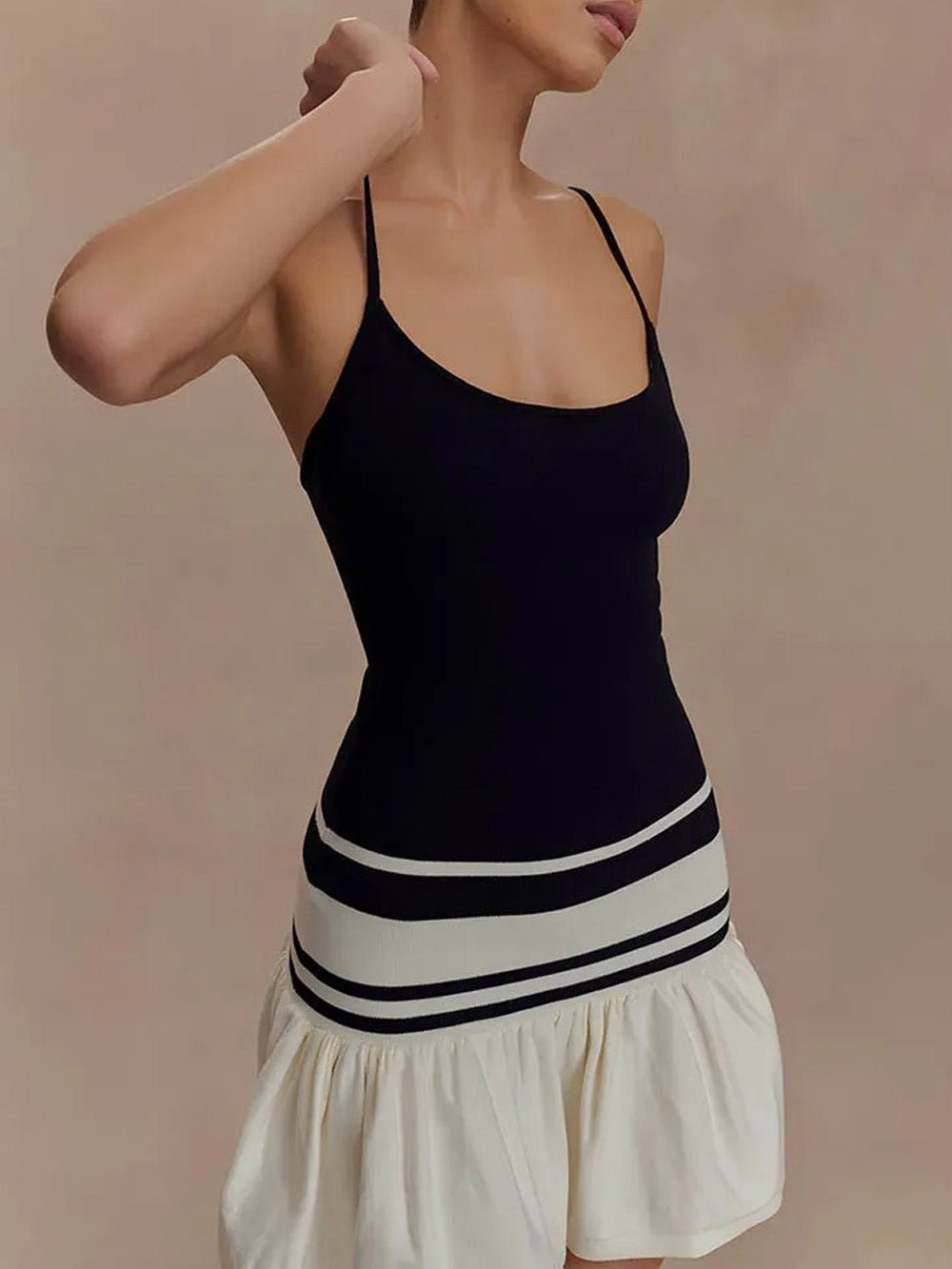 Black & White Spaghetti Strap Scoop Neck Drop Waist Ruffle Flare Mini Dress 4