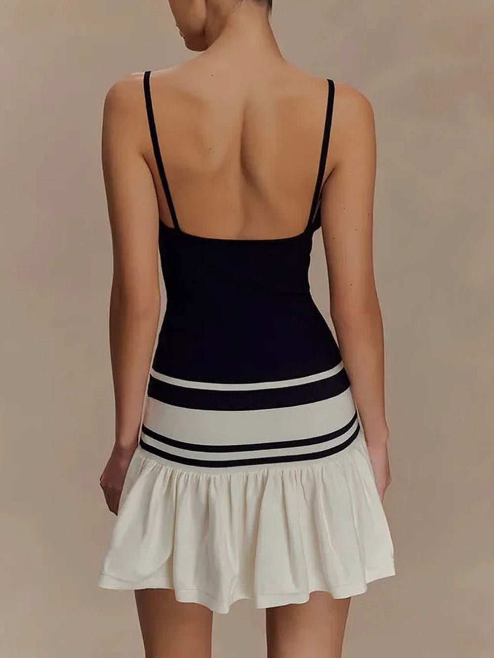 Black & White Spaghetti Strap Scoop Neck Drop Waist Ruffle Flare Mini Dress 2