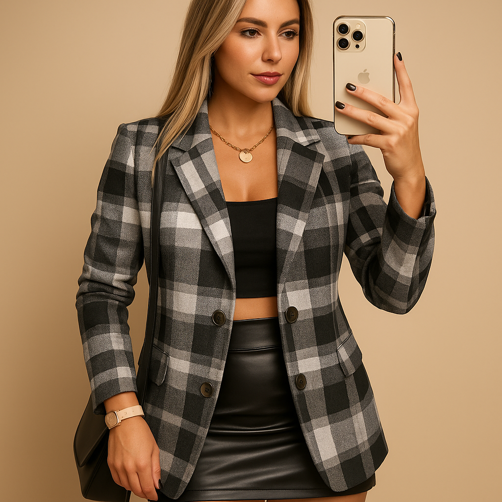 Notched Lapel Plaid Double Breasted Tailored Blazer