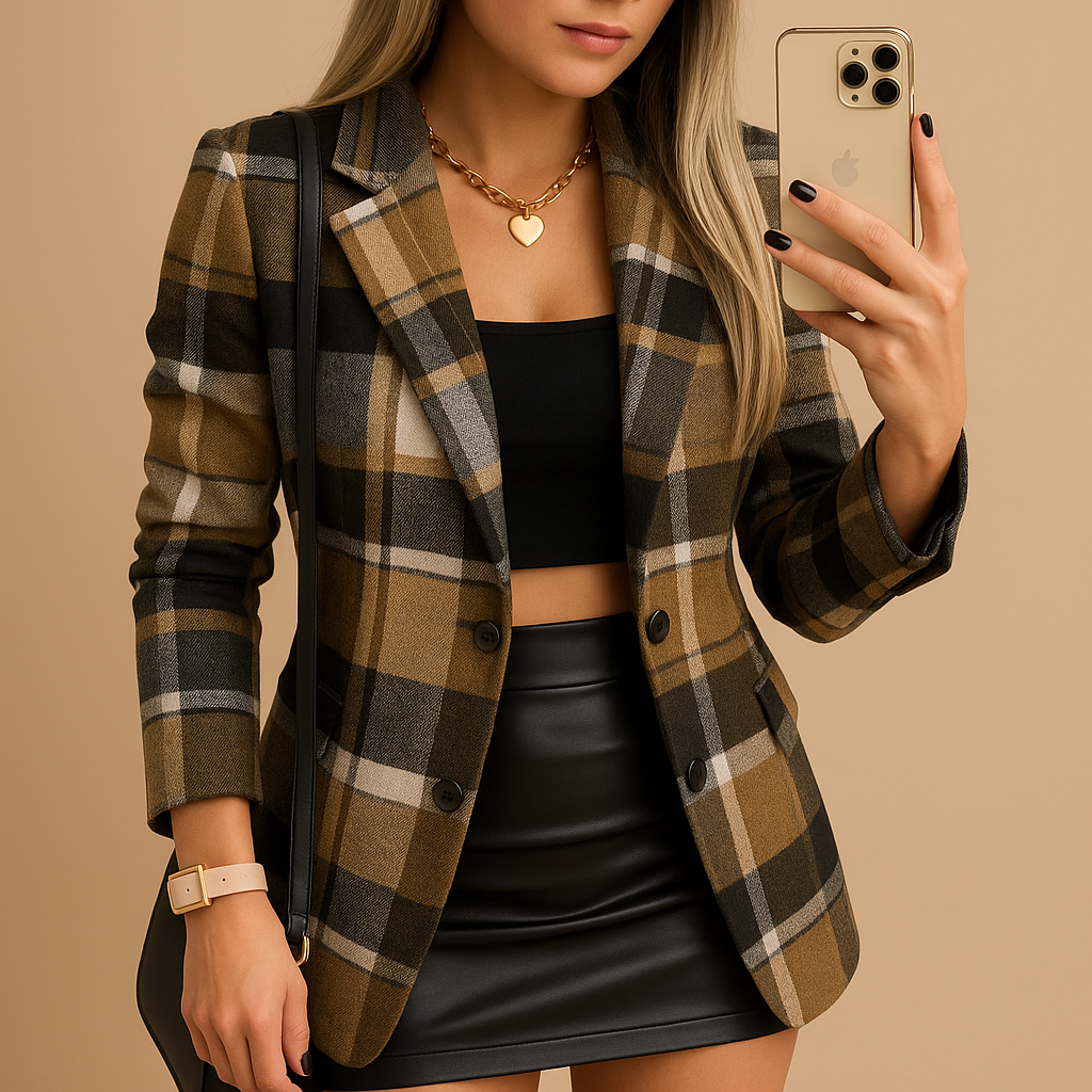 Notched Lapel Plaid Double Breasted Tailored Blazer