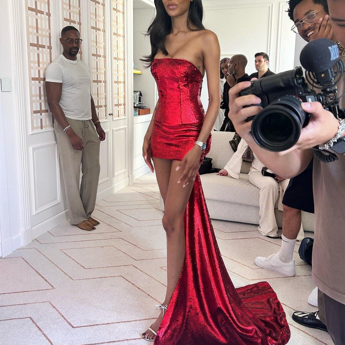 Red Strapless Backless Sequin Bow Train Bodycon Mini Dress 10
