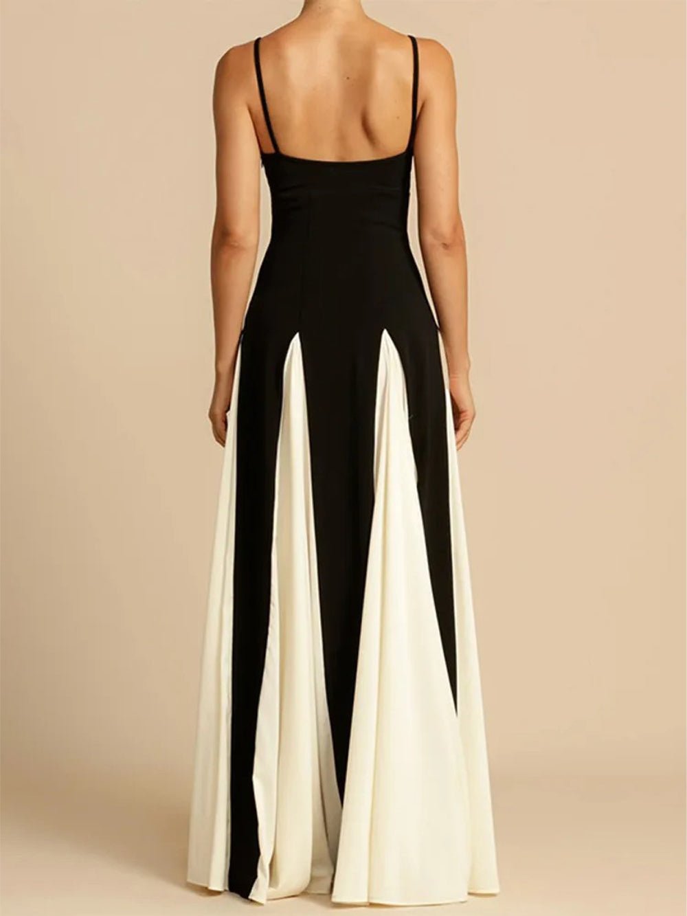 Black Spaghetti Strap Colorblock Pleated Panel Fit and Flare Maxi Gown 2