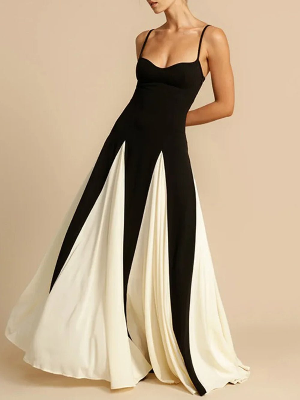 Black Spaghetti Strap Colorblock Pleated Panel Fit and Flare Maxi Gown 3